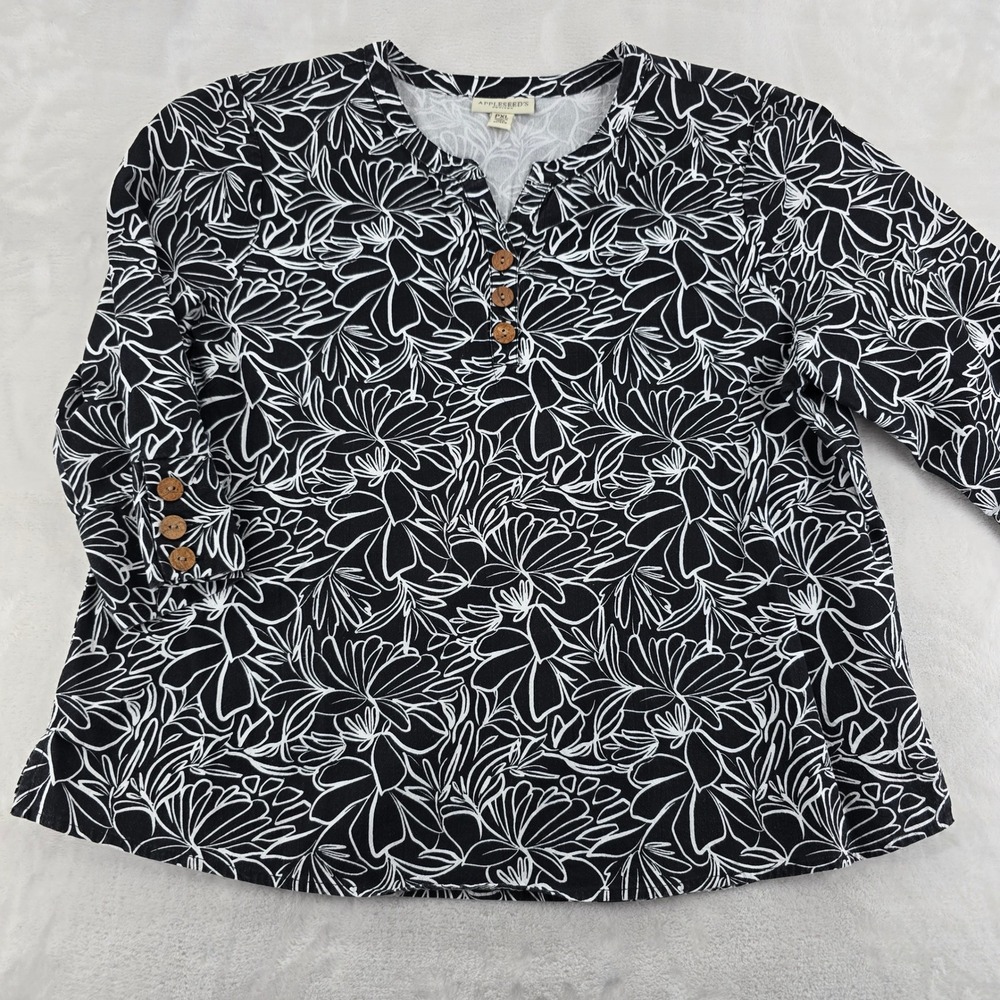 Appleseed's Petites Henley Top Womens PXL Floral 3/4 Sleeve Black White